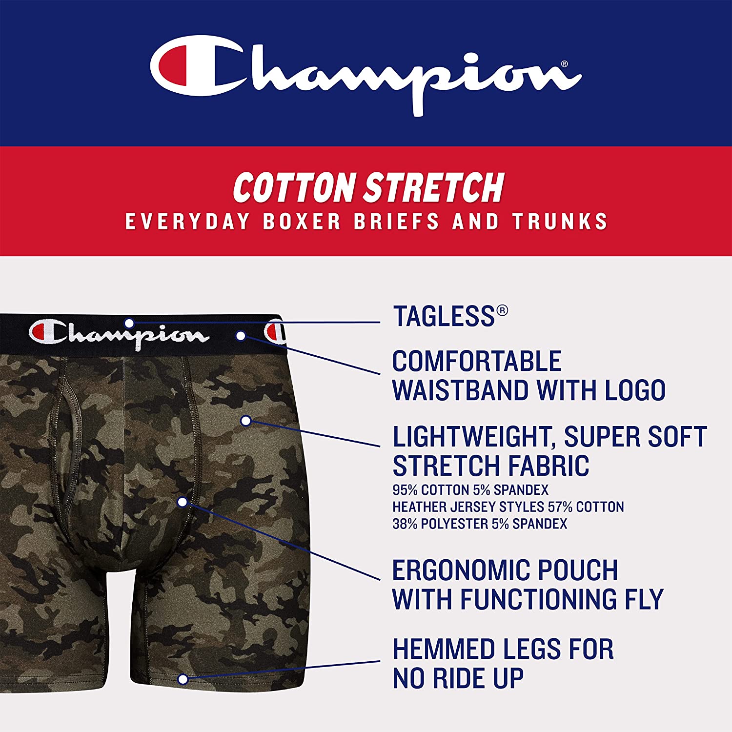 Champion Men's Underwear Boxer Briefs Pack， Moisture-Wicking， Performance Stretch Cotton， Trunks and Long Leg， Multipack - Image 7